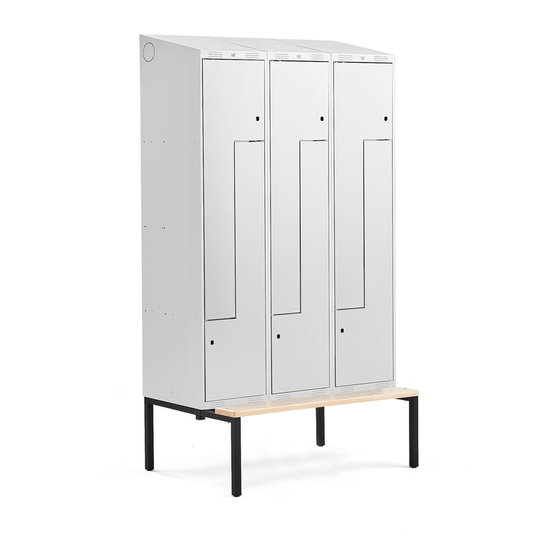 Levně Šatní skříňka CLASSIC Z, šikmá střecha, s lavicí, 3 sekce, 6 dveří, 2290x1200x550 mm, šedé dveře