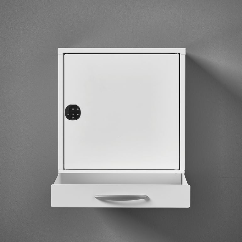 Fotografie produktu: Lékárnička CURE, s dvířky a zásuvkou, elektronický kódový zámek, 455x400x300 mm