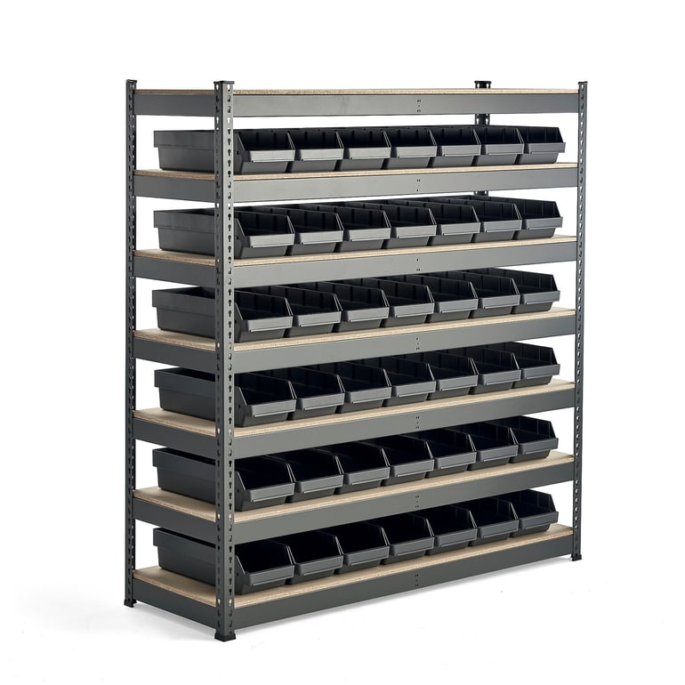 Levně Regál s plastovými boxy REACH + COMBO, 42 plastových boxů