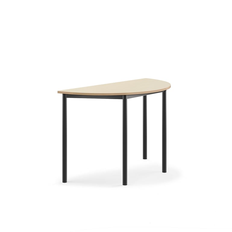 Stôl SONITUS, polkruh, 1200x600x760 mm, HPL - breza, antracit