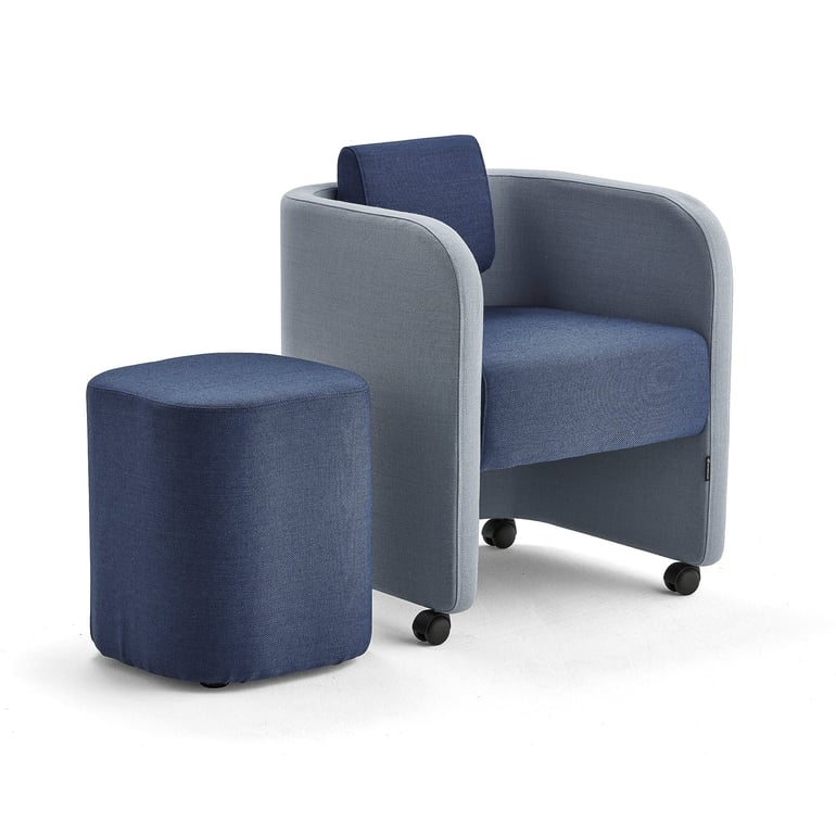 Levně Nábytková sestava COMFY, křeslo a taburet, s kolečky, vlněný potah, blankytně modrá/námořnická modrá
