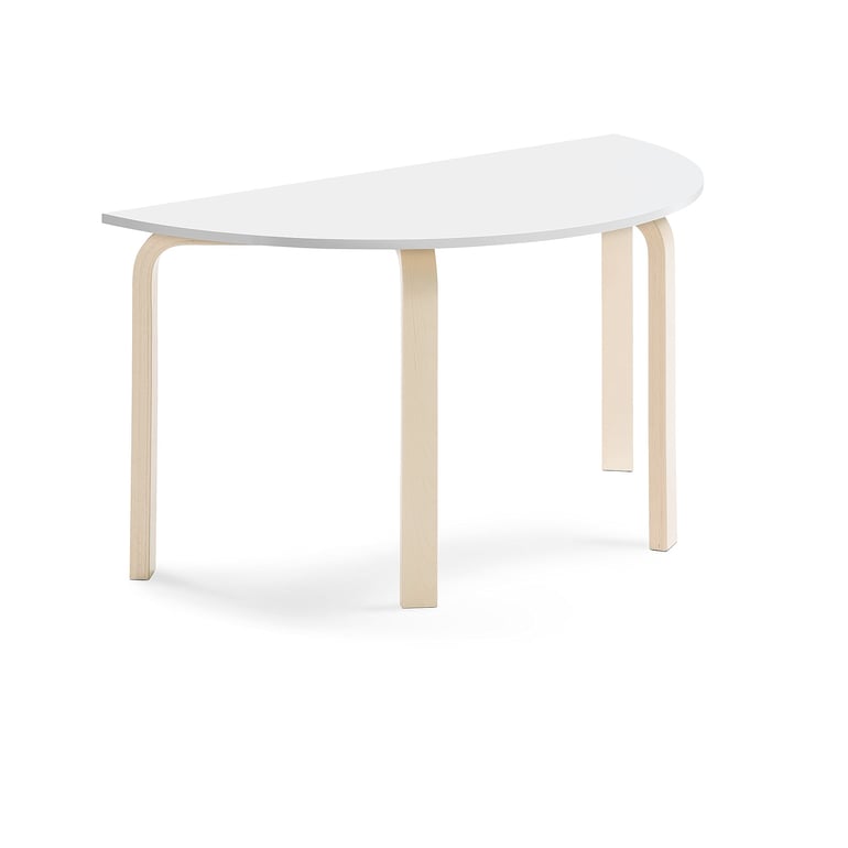 Stôl ELTON, polkruh, 1200x600x640 mm, laminát - biela, breza