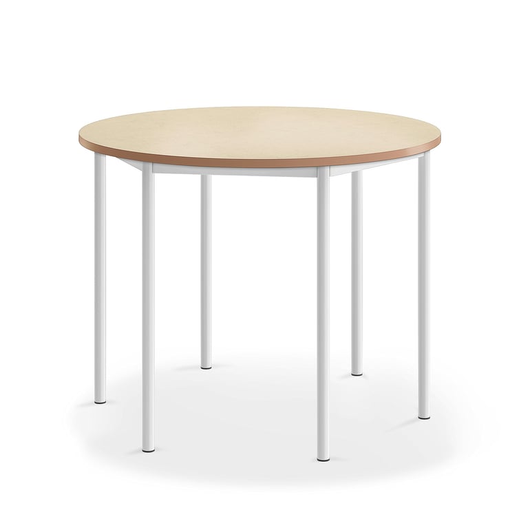 Levně Stůl SONITUS, Ø1200x900 mm, bílé nohy, deska s linoleem, béžová