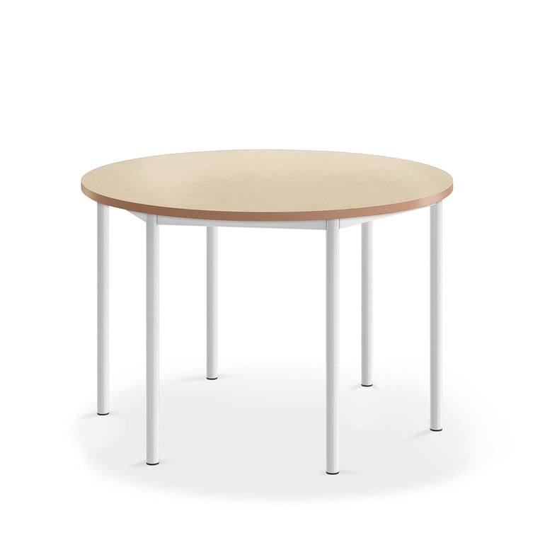 Levně Stůl SONITUS, Ø1200x760 mm, bílé nohy, deska s linoleem, béžová