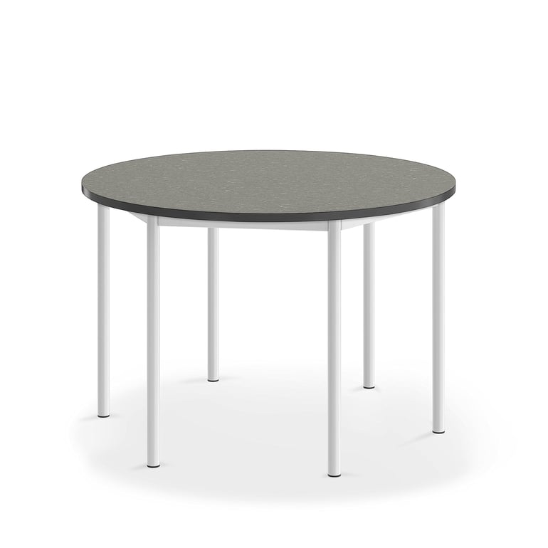 Levně Stůl SONITUS, Ø1200x760 mm, bílé nohy, deska s linoleem, tmavě šedá