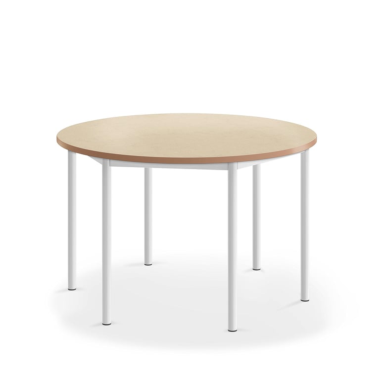 Levně Stůl SONITUS, Ø1200x720 mm, bílé nohy, deska s linoleem, béžová
