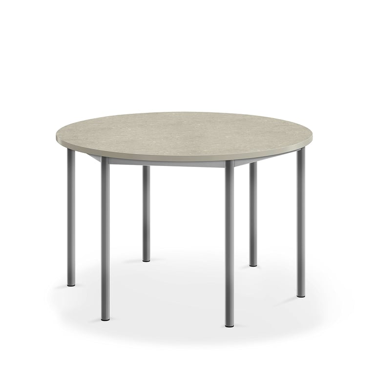 Levně Stůl SONITUS, Ø1200x720 mm, stříbrné nohy, deska s linoleem, šedá