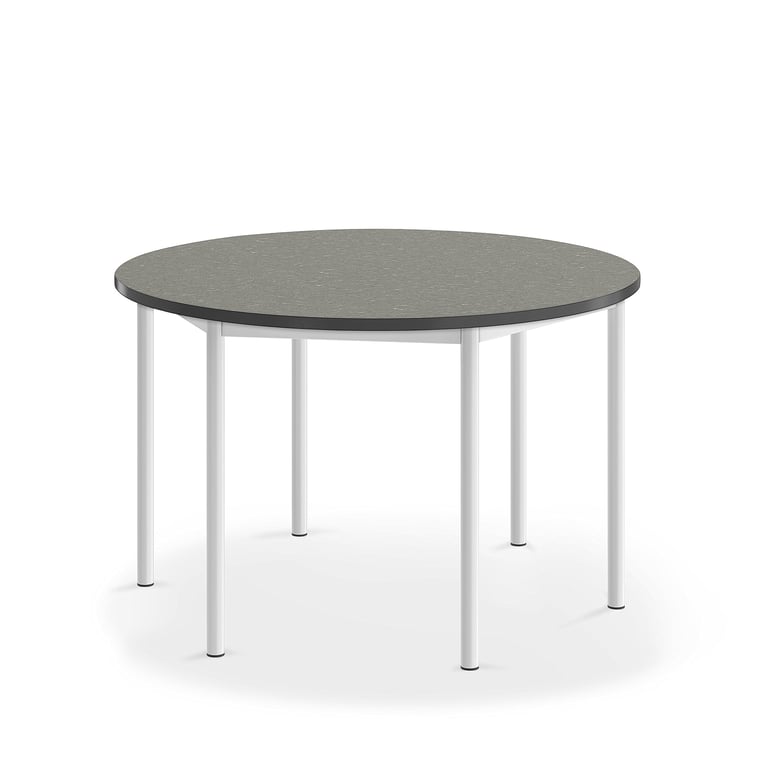 Levně Stůl SONITUS, Ø1200x720 mm, bílé nohy, deska s linoleem, tmavě šedá