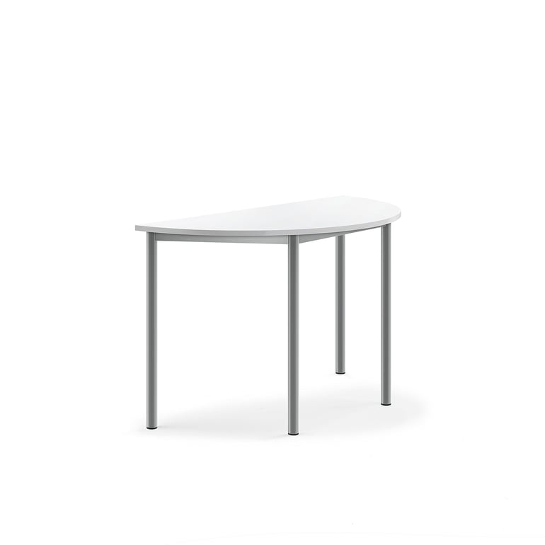 Levně Stůl SONITUS, půlkruh, 1200x600x720 mm, stříbrné nohy, HPL deska tlumící hluk, bílá