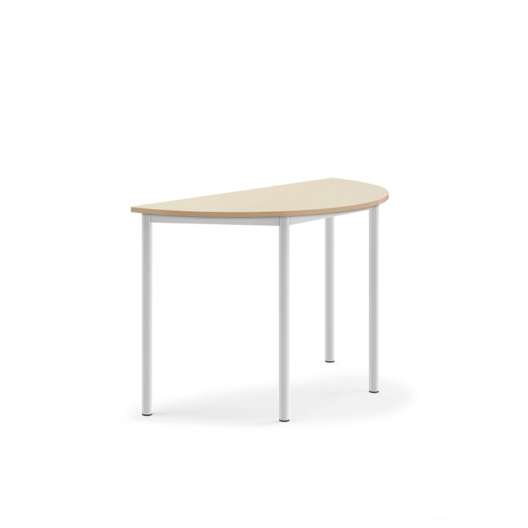 Stôl SONITUS, polkruh, 1200x600x760 mm, HPL - breza, biela