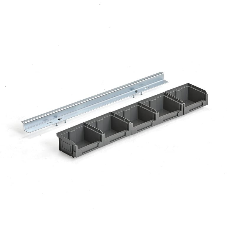 Levně Závěsná lišta na plastové boxy, 555 mm, vč. 5 boxů