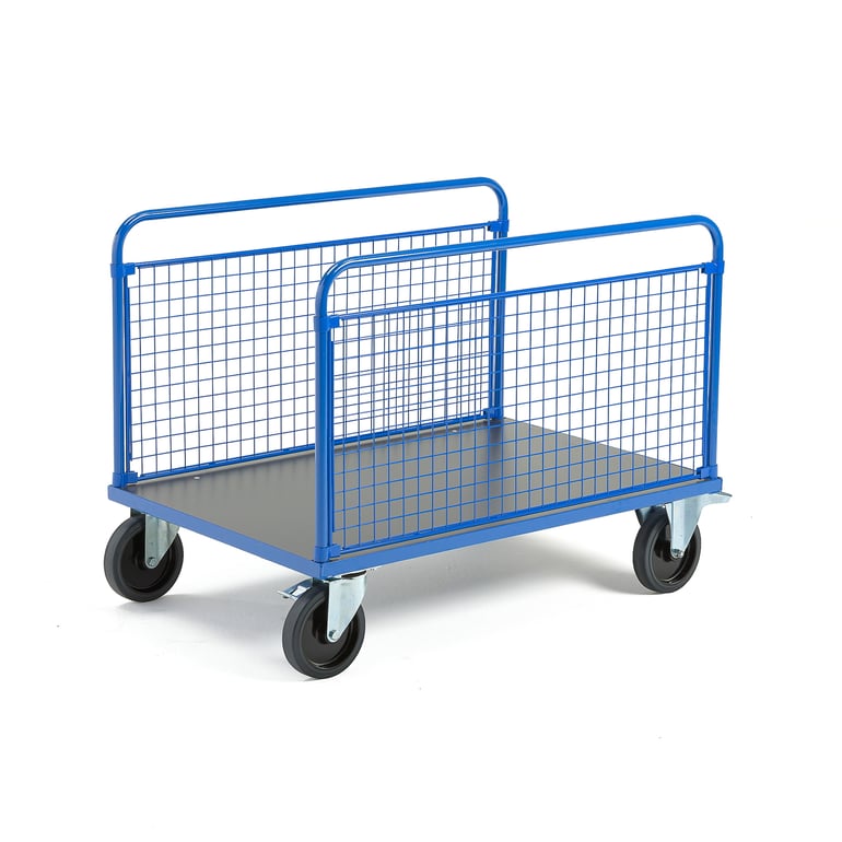 Levně Plošinový vozík TRANSFER, 2 boční drátěné stěny, 1200x800 mm, 1000 kg, elastická gumová kola, s brzd