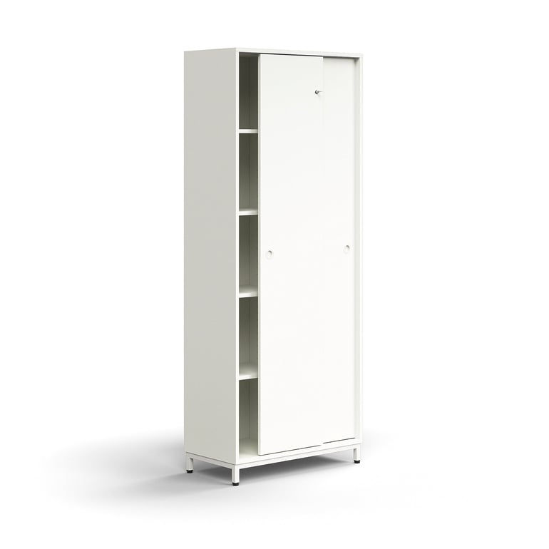 Skriňa s posuvnými dverami QBUS, 4 police, na nožičkách, s madlom, 2020x800x400 mm, biela