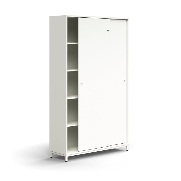 Skriňa s posuvnými dverami QBUS, 4 police, na nožičkách, s madlom, 2020x1200x400 mm, biela