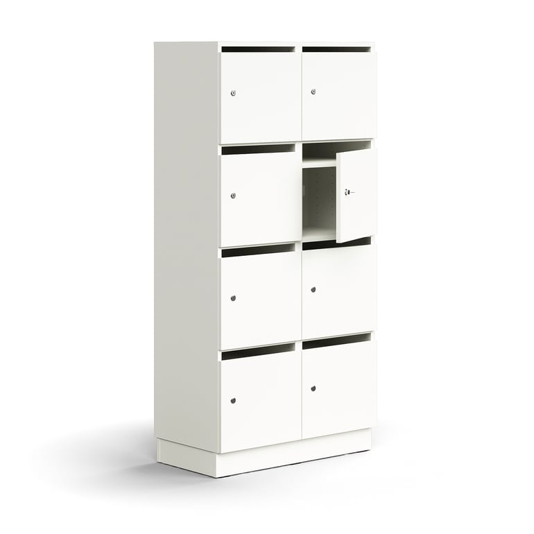 Levně Skříň na poštu a osobní věci QBUS, 8 uzamykatelných boxů s přihrádkou, sokl, 1636x800x420 mm, bílá