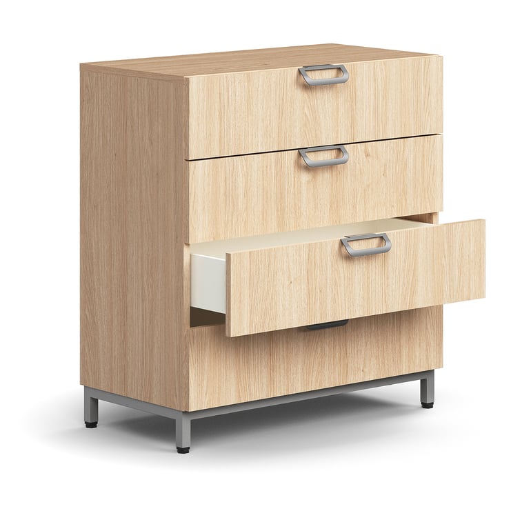 Levně Skříňka se zásuvkami QBUS, 4 zásuvky, nohy, otevřené úchytky, 868x800x400 mm, stříbrná, dub