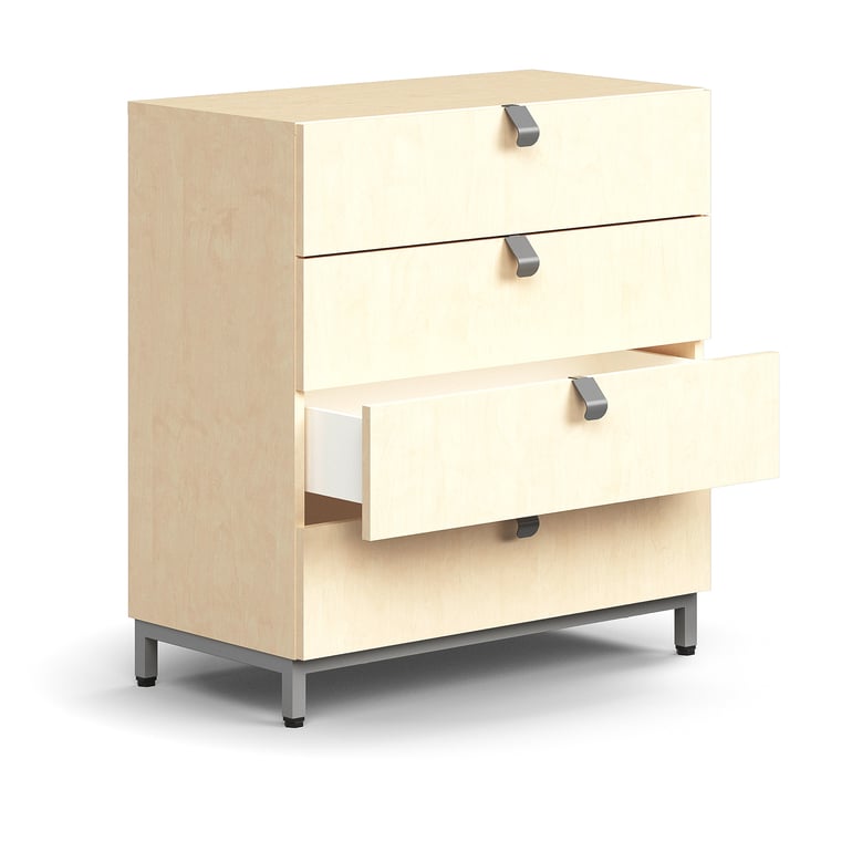 Levně Skříňka se zásuvkami QBUS, 4 zásuvky, nohy, úchytky, 868x800x400 mm, stříbrná, bříza