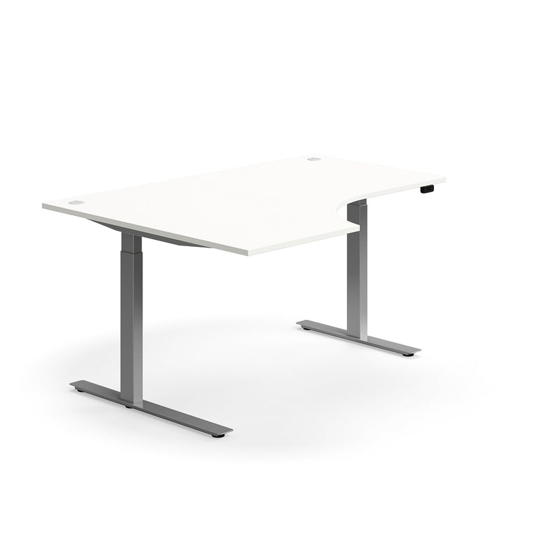 Výškovo nastaviteľný stôl FLEXUS, rohový, 1600x1200 mm, strieborný rám, biela