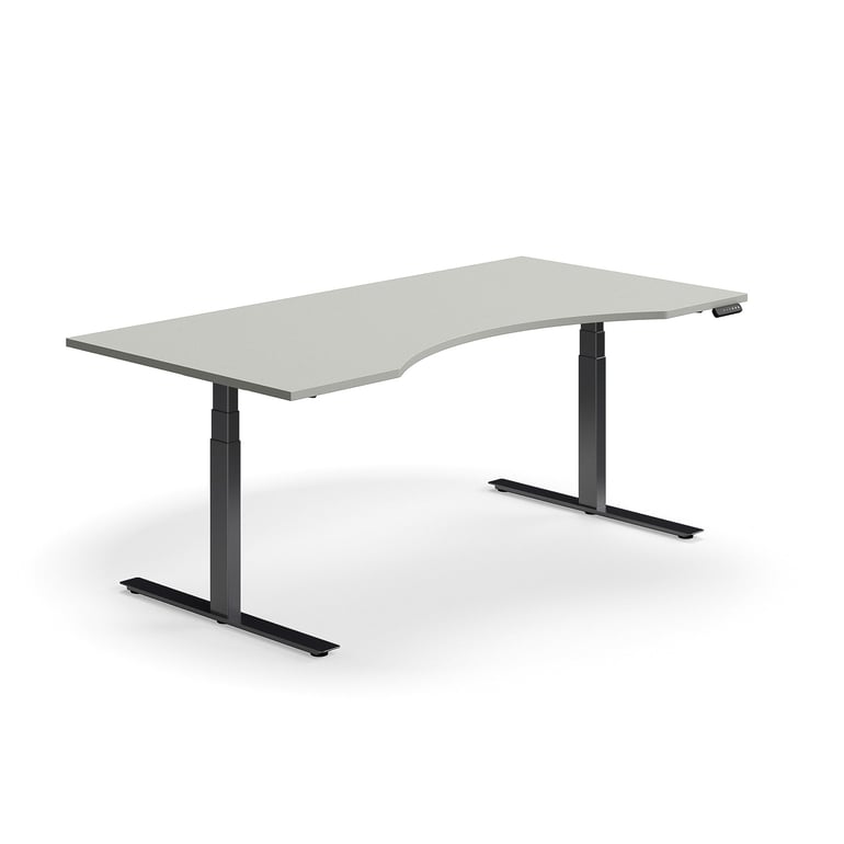 Výškovo nastaviteľný stôl QBUS, s výrezom, 2000x1000 mm, čierny rám, svetlošedá