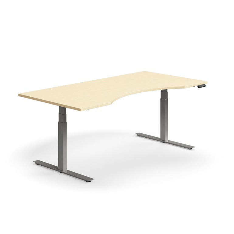 Výškovo nastaviteľný stôl QBUS, s výrezom, 2000x1000 mm, strieborný rám, breza