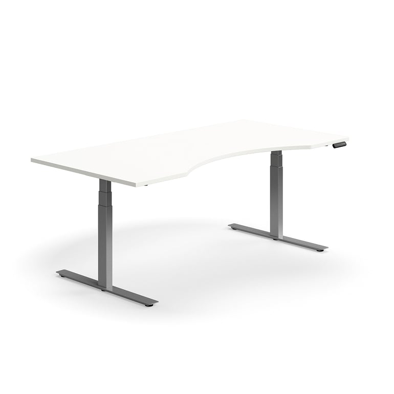 Výškovo nastaviteľný stôl QBUS, s výrezom, 2000x1000 mm, strieborný rám, biela