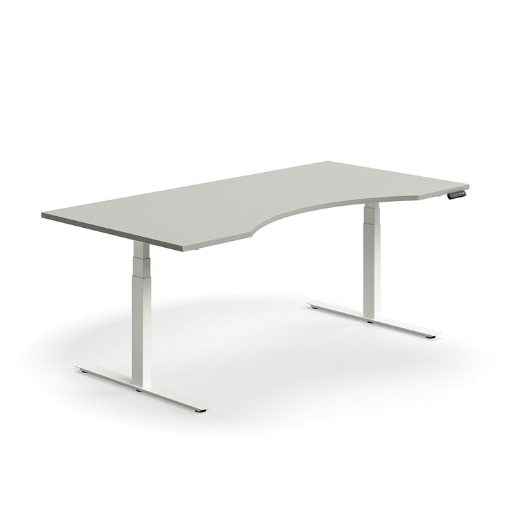 Výškovo nastaviteľný stôl QBUS, s výrezom, 2000x1000 mm, biely rám, svetlošedá