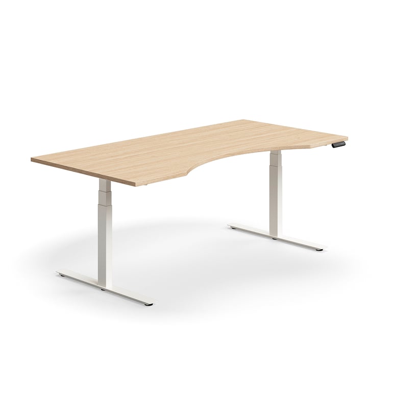 Levně Výškově nastavitelný stůl QBUS, vykrojený, 2000x1000 mm, bílá podnož, dub