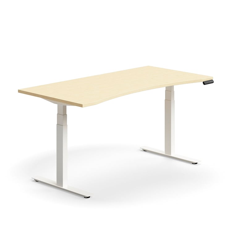 Výškovo nastaviteľný stôl QBUS, s výrezom, 1600x800 mm, biely rám, breza