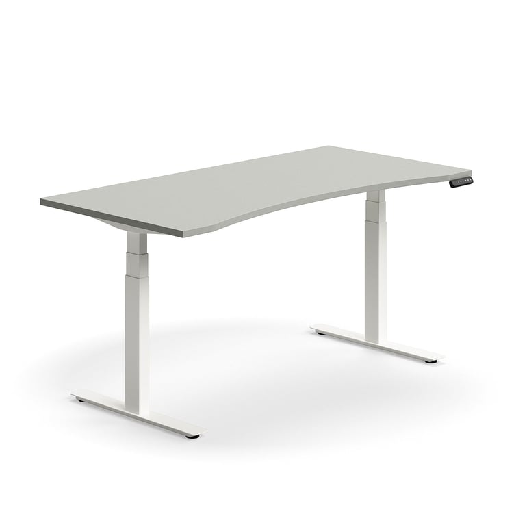 Výškovo nastaviteľný stôl QBUS, s výrezom, 1600x800 mm, biely rám, svetlošedá