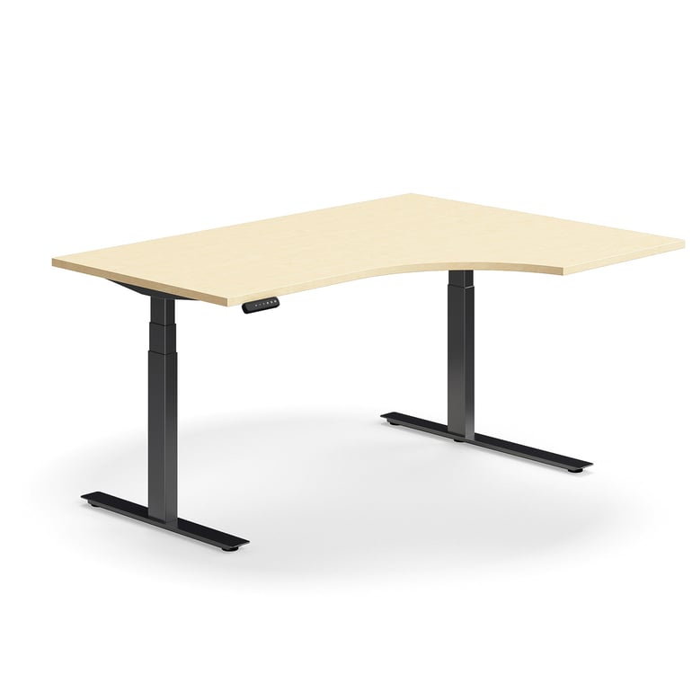 Výškovo nastaviteľný stôl QBUS, rohový, 1600x1200 mm, čierny rám, breza