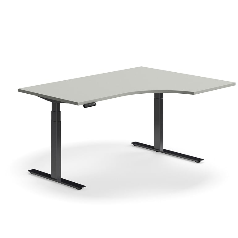 Výškovo nastaviteľný stôl QBUS, rohový, 1600x1200 mm, čierny rám, svetlošedá