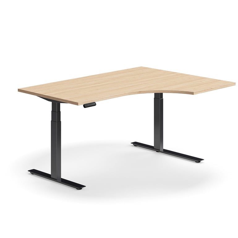 Výškovo nastaviteľný stôl QBUS, rohový, 1600x1200 mm, čierny rám, dub
