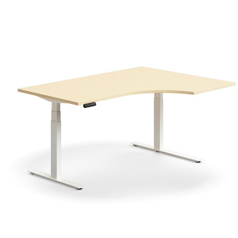 Výškovo nastaviteľný stôl QBUS, rohový, 1600x1200 mm, biely rám, breza