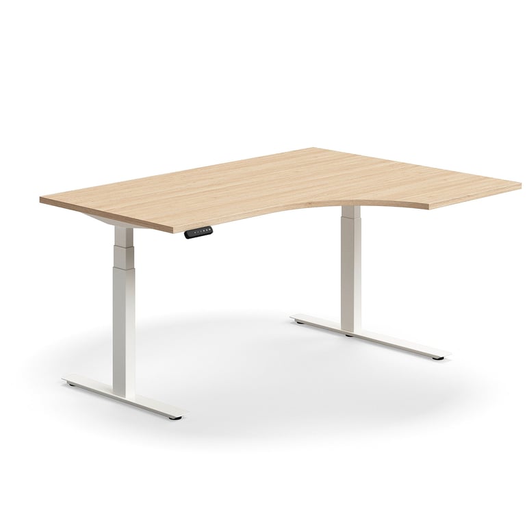 Výškovo nastaviteľný stôl QBUS, rohový, 1600x1200 mm, biely rám, dub