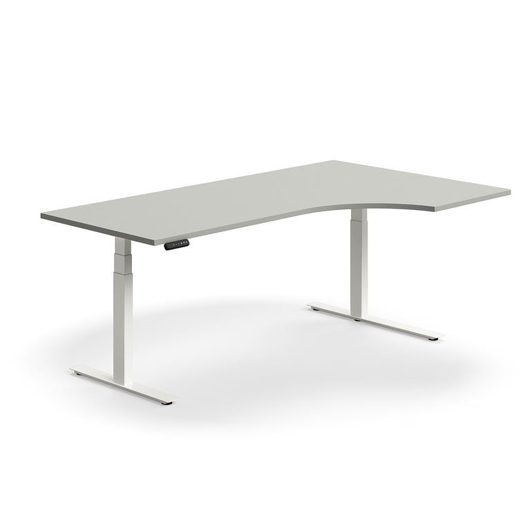 Levně Výškově nastavitelný stůl QBUS, rohový, 2000x1200 mm, bílá podnož, světle šedá