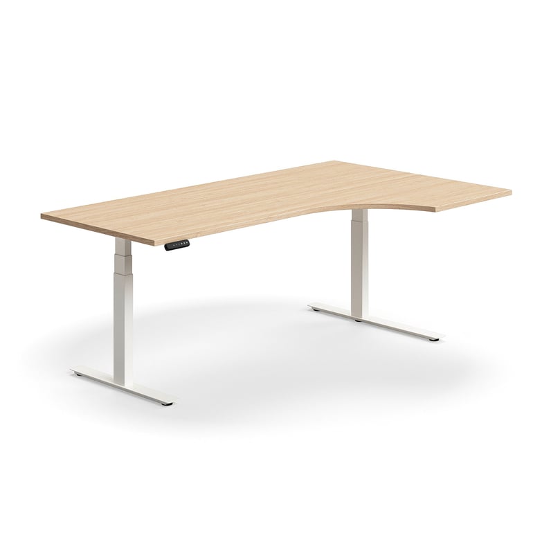 Výškovo nastaviteľný stôl QBUS, rohový, 2000x1200 mm, biely rám, dub