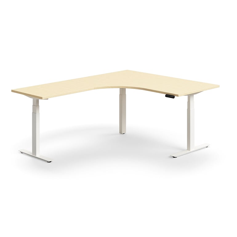 Levně Výškově nastavitelný stůl QBUS, rohový, 1600x2000 mm, bílá podnož, bříza