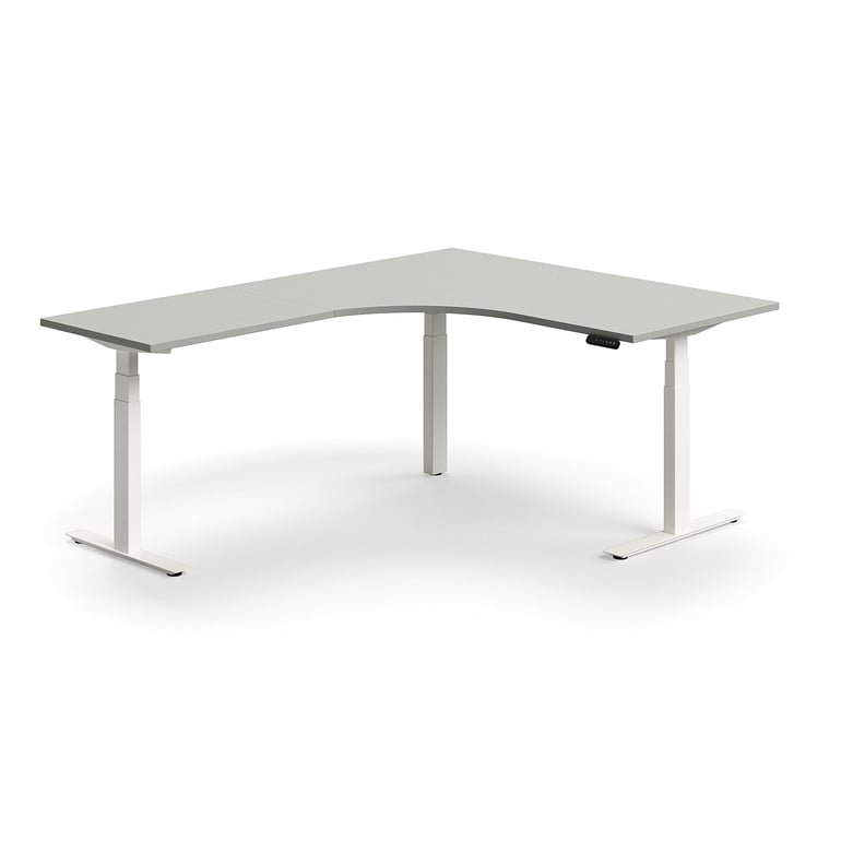 Výškovo nastaviteľný stôl QBUS, rohový, 1600x2000 mm, biely rám, svetlošedá