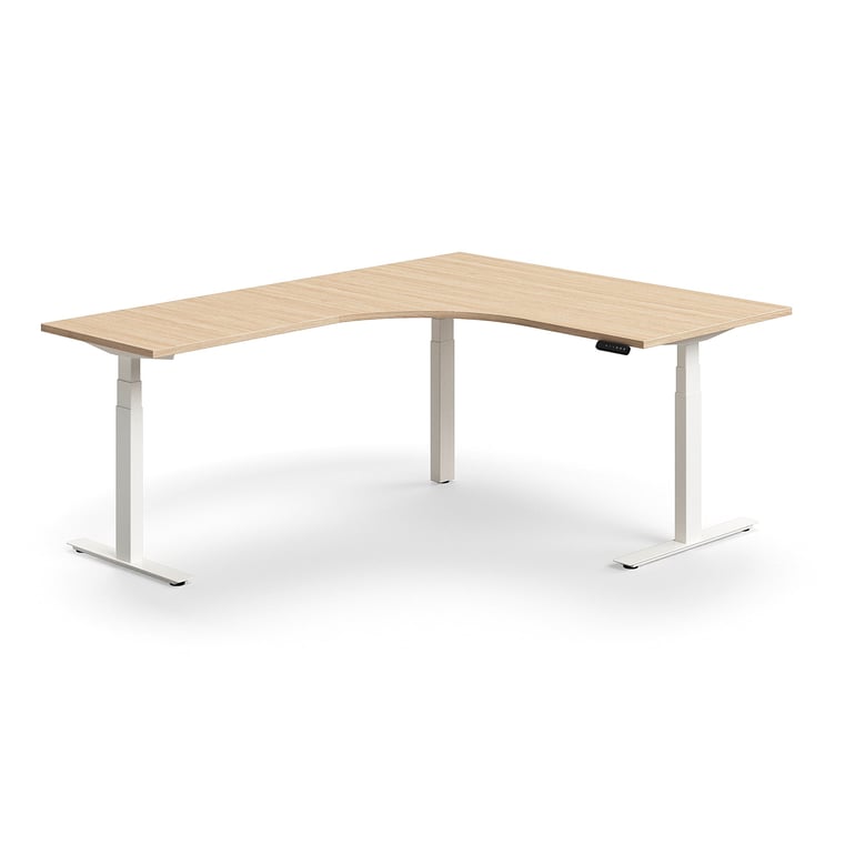 Výškovo nastaviteľný stôl QBUS, rohový, 1600x2000 mm, biely rám, dub