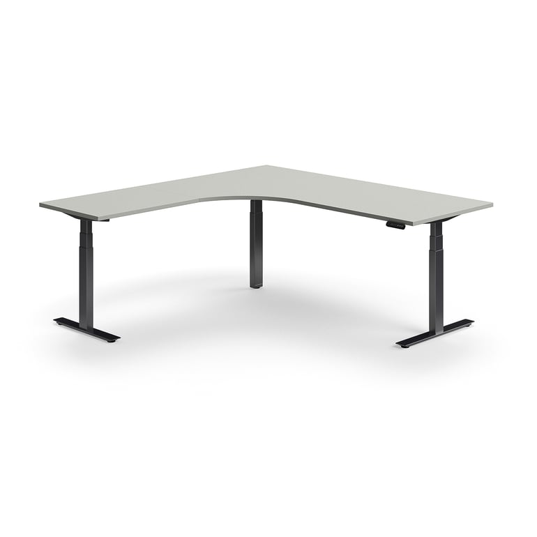 Levně Výškově nastavitelný stůl QBUS, rohový, 2000x2000 mm, černá podnož, světle šedá