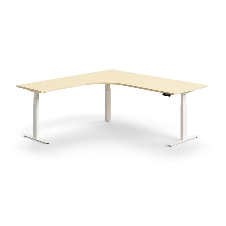 Výškovo nastaviteľný stôl QBUS, rohový, 2000x2000 mm, biely rám, breza