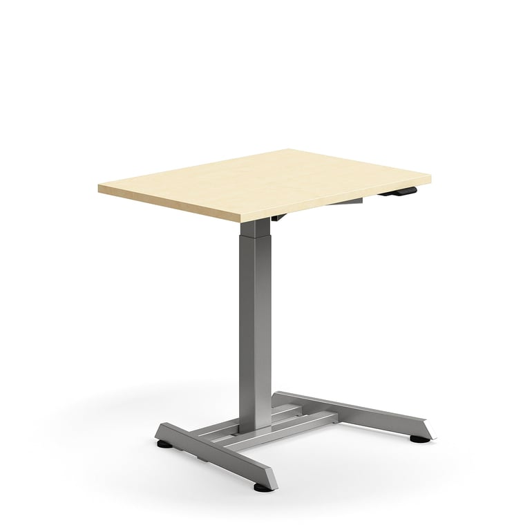 Výškovo nastaviteľný stôl QBUS, s centrálnou nohou, 800x600 mm, strieborný rám, breza