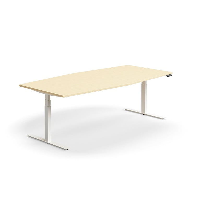 Výškovo nastaviteľný rokovací stôl QBUS, ovál, 2400x1200 mm, biely rám, breza