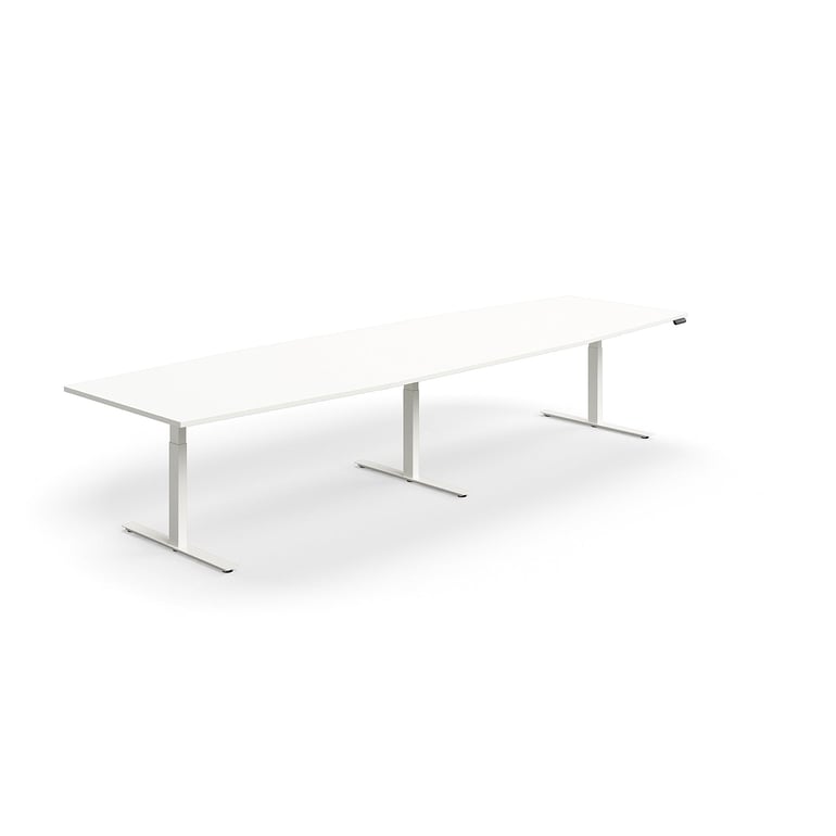 Levně Jednací stůl QBUS, výškově nastavitelný, ve tvaru sudu, 4000x1200 mm, bílá podnož, bílá