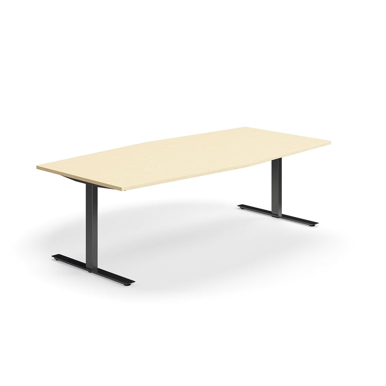 Levně Jednací stůl QBUS, T-nohy, 2400x1200 mm, tvar člunu, černá podnož, bříza