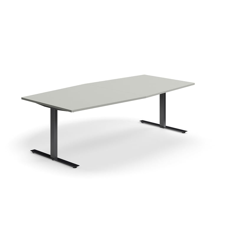 Levně Jednací stůl QBUS, T-nohy, 2400x1200 mm, tvar člunu, černá podnož, světle šedá