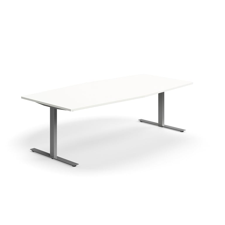 Levně Jednací stůl QBUS, T-nohy, 2400x1200 mm, tvar člunu, stříbrná podnož, bílá