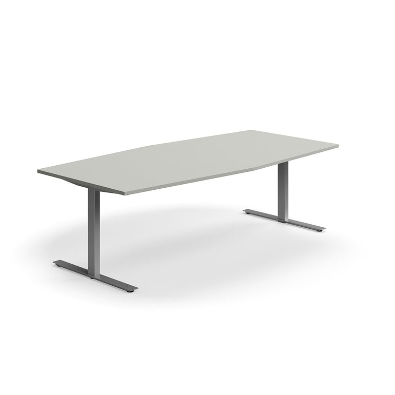 Levně Jednací stůl QBUS, T-nohy, 2400x1200 mm, tvar člunu, stříbrná podnož, světle šedá