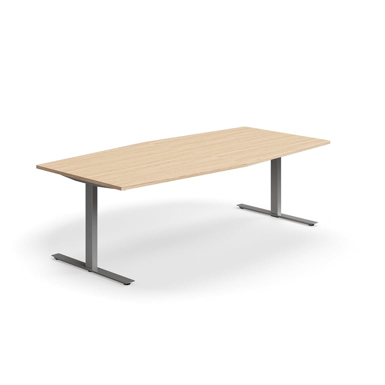 Levně Jednací stůl QBUS, T-nohy, 2400x1200 mm, tvar člunu, stříbrná podnož, dub