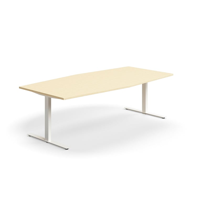 Levně Jednací stůl QBUS, T-nohy, 2400x1200 mm, tvar člunu, bílá podnož, bříza